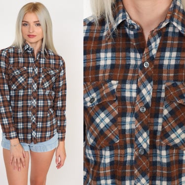 80s Plaid Shirt Brown Flannel Shirt Retro Grunge Button Up Lumberjack Basic Navy Blue White Long Sleeve Top Vintage 1980s Extra Small xs 