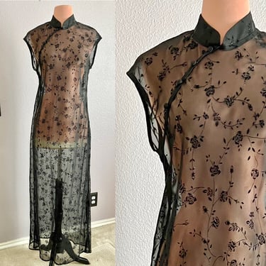 Elegant Black Dress, Fully Sheer, Asian Design, Side Slits, Vintage 