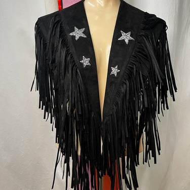 Retro Western Rhinestone Embellished Black Faux Suede Fringe Collar | Free Size 