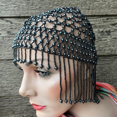 vintage Juliet cap gray pearl fringed skull cap flapper beaded hat 