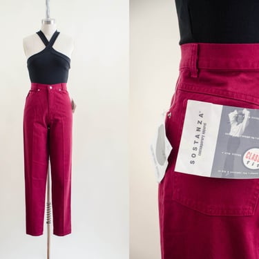 red vintage jeans | 80s 90s high waisted burgundy Sostanza unworn dark academia slim cut skinny vintage jeans 29x29 