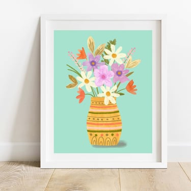 Aqua and Gold Floral 8 X 10 Art Print/ Wildflowers In Vase Still Life Wall Decor/ Botanical Illustration 