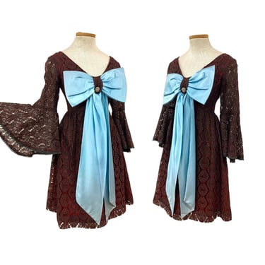 Vtg 60s 70s 1960s Chocolate Brown Lace Bell Sleeve Powder Blue Bow Party Dress 
