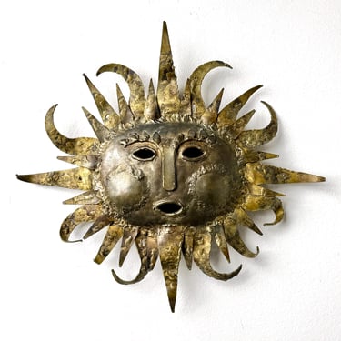 Vintage Surrealist Sun Face Starburst Brass Brutalist Wall Sculpture by Emaus Mexico 1970s 