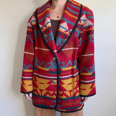 Vintage Womens 80s Ashley Scott Wool Southwestern Aztec Oversized Jacket Sz M 