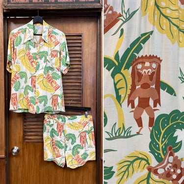 Vintage 1940’s Atomic Tiki Tropical Two-Piece Rayon Hawaiian Outfit Set, Shirt x Shorts, 40’s Vintage Clothing 