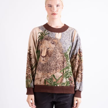 Vintage 1990s Salvatore Ferragamo Lion + Rain Forest Print Sweatshirt with Ribbed Knit Trim One Size OSF 