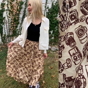 Vintage Cameras Print Tan & Brown Skirt (20”-24”)