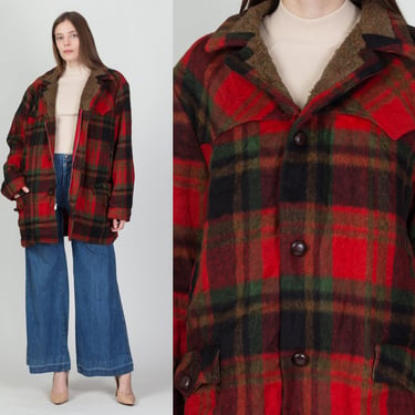 70s Pioneer Wear Red Plaid Wool Coat - Men's Large, Size 44 | Vintage Button Up Mackinaw Hunting Field Jacket 