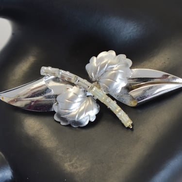 Modernist 50's Carl-Art sterling rhinestone leaves brooch, unusual mid-century C->A 925 silver bling leaf pin 