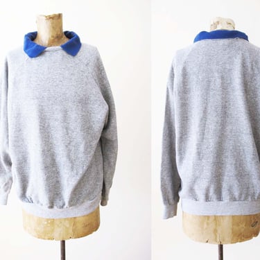 70s Collared Raglan Sweatshirt M L - Vintage 1970s Triblend Heather Gray Blue Pullover Sweatshirt Jumper - Creslan 