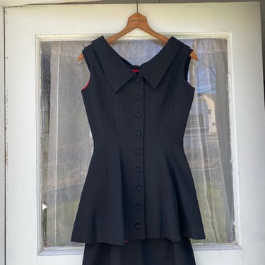 Early 50’s vintage black wiggle dress set with bright red interior peplum overcoat 
