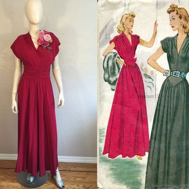 It's Time to Celebrate - Vintage 1940s WW2 Claret Red Rayon Long Evening Gown w/Smocked Waist - 2/4 