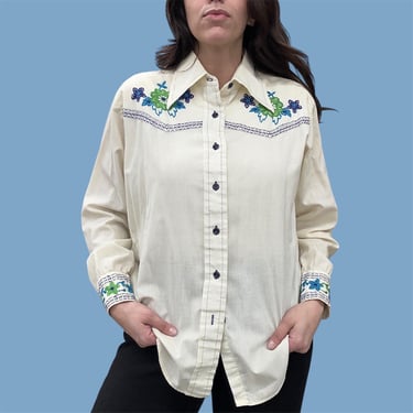 Vintage Button-Down Shirt Retro 1970s Career Club Focus + Size Large + Hand Embroidered + Blue and Green Flowers + Cotton + Unisex Apparel 