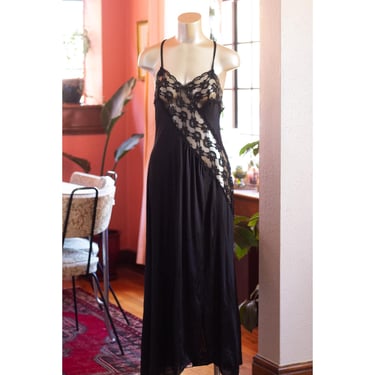 Vintage Nightgown Slip Dress in Black - Lace Trim - 1970s - Vintage Lingerie, Nightgown, Maxi Dress 