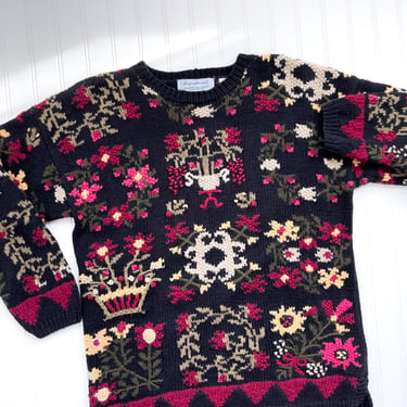 cute cottagecore sweater 90s vintage Northern Isles black floral hand knit sweater 