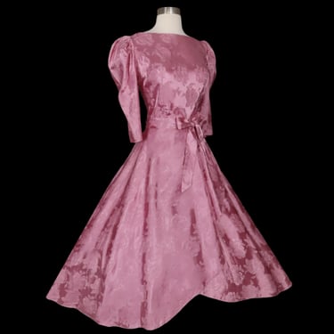 Vintage 80s Pink Brocade Puff Sleeves Floral Faux Wrap Skirt 1940s style Dressing Robe Prom Party Dress M Medium Puff Sleeves Criss Cross 
