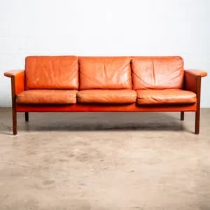 Mid Century Danish Modern Sofa Couch Cognac Brown Leather Denmark Rosewood Frame