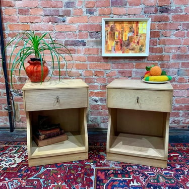 Pair of mcm blonde nightstands with drawer and storage cubby
