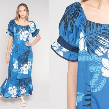 Hawaiian Maxi Dress 90s Blue Ruffled Floral Dress Puff Sleeve Shift Retro Flamenco Boho Long Tropical Dress Summer Vintage 80s Medium 