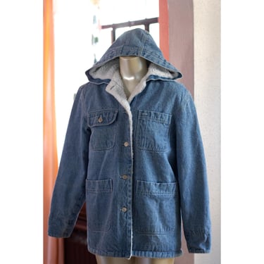 Vintage Oversize Jean Jacket - 1990s - Denim Coat, Hooded - Shearling Lined - Baccini 