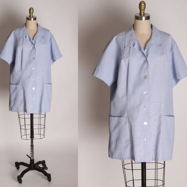 1950s Blue and White Striped Short Sleeve Smock Top Blouse -1XL 