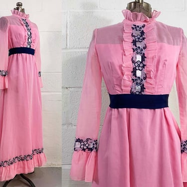 Vintage Pink Formal Maxi Dress 60s Mod Baby Doll Ruffle Trim Floral 1960s Mod Twiggy Long Sleeve Prom Hostess Party XXS XS 