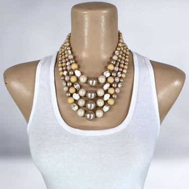 VINTAGE 50s Tan, White, Pearl, 4 Strand Beaded Necklace Choker JAPAN | 1950s Mid Century Bib Necklace | VFG 