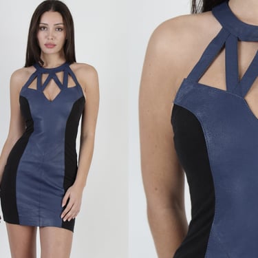 Wilson's Sexy Steel Blue Leather Bodycon Punk Wiggle Dress S 