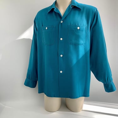 1940's Gabardine Shirt - Blue Rayon - VAN HEUSEN LABEL  - Buttondown Patch pockets - Loop Collar - Top Stitching Details - Men's Size Large 