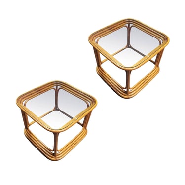 Restored Pair of 4-Strand Rattan Cubist Legs Coffee Table with Glass Tops 