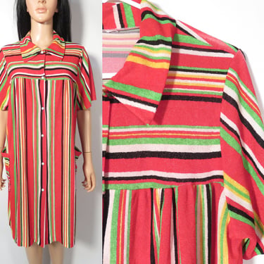 Vintage 60s/70s Striped Terry Cloth Snap Front House Dress Size L 