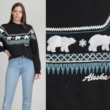 90s Alaska Polar Bear Sweatshirt - Large to XL | Vintage Unisex Black Puffy Graphic Animal Print Pullover 