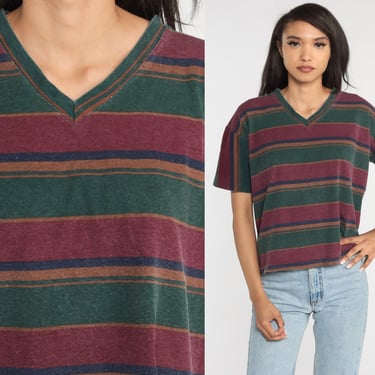 Striped T-Shirt 90s V Neck T Shirt Burgundy Green Blue Retro Tee Grunge Hipster Normcore TShirt Short Sleeve Vintage 1990s Cotton Large L 