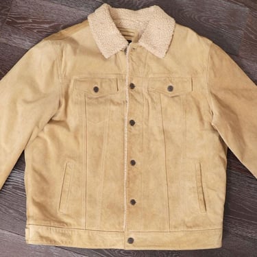 Beige SUEDE Leather Trucker Jacket Coat The GAP Faux Fur Fleece Lined Warm Winter Coat Jacket Vintage Y2K, 1990's, 48