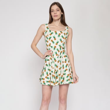 XS Y2K Pineapple Print Fit & Flare Mini Dress | Retro Vintage Babydoll Sundress 