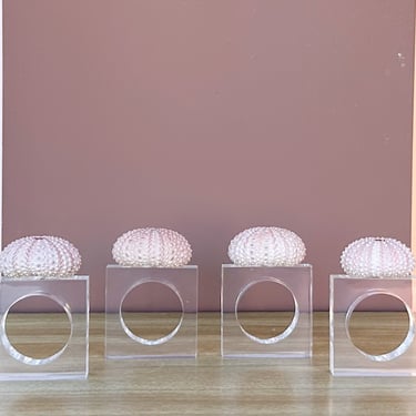 Set of Four Pink Sea Urchin Lucite Napkin Rings