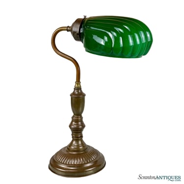Vintage Traditional Copper Bankers Library Desk Lamp w/ Green Scallop Shade
