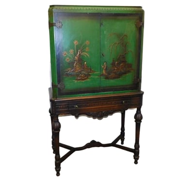 Cabinet, Oriental, Paint Decorated, Green, 2 Door Cabinet, Vintage / Antique