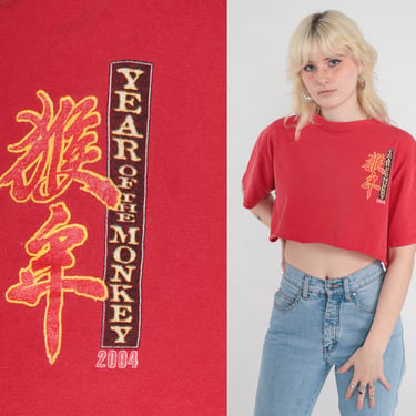 Year of the Monkey Shirt 2004 Chinese New Year Crop Top Red Tee Graphic Tshirt Red Shirt Vintage Cropped T Shirt 00s Astrology Large L 