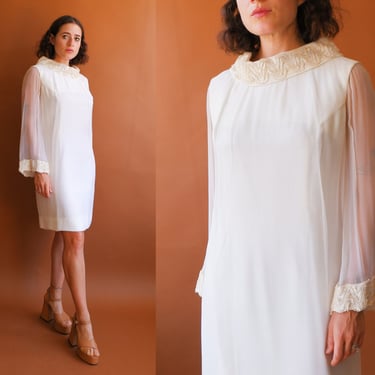 Vintage 70s White Angel Sleeve Shift Dress with Rhinestone Cuffs/ Size Medium 