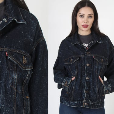 90s Levis Strauss Dark Denim Blue Jean Jacket, All Over Acid Wash 507 Coat, Red Tab Splatter Print Size L 