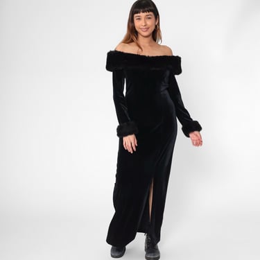 90s Black Velvet Off Shoulder Dress Vintage Faux Fur Trim Long Party Dress Maxi Gown Cocktail Evening Formal Goth 1990s Long sleeve Large L 