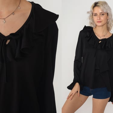 70s Poet Blouse Black Ruffle Top Long Sleeve Keyhole Shirt Ruffled Boho Hippie Bohemian Secretary Retro Simple Vintage 1970s Extra Large xl 