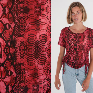 Snakeskin Print Top Y2k Red Animal Print Shirt Short Sleeve Blouse Party Going Out Front Tie Cinch Glam Bohemian Summer Vintage 00s Large L 