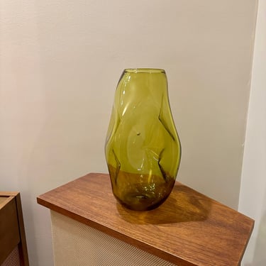 Large Blenko Olive Green Indented Dimple Vase 13.5” 1950’s 