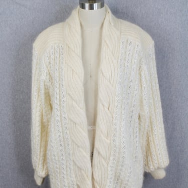 1980s 1990s Cream Mohair Sweater - Rochelle California - Cable Knit Cardigan 