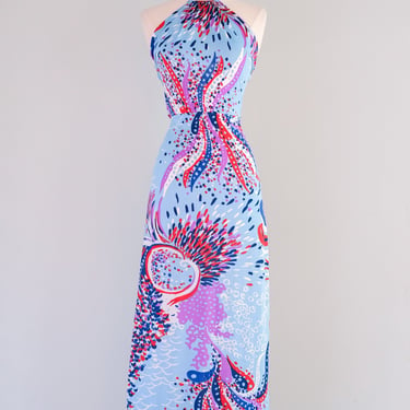 Spectacular 1970's Red, White, & Blue Abstract Halter Gown / Sz S