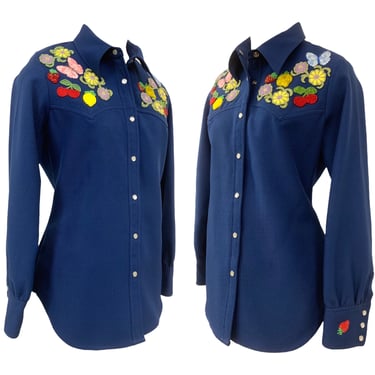 Vtg Vintage 1970s 70s Western Navy Beaded Embroidered Appliqué Pearl Snap Shirt 