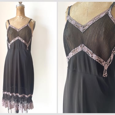 Vintage 1950’s Du Benay black & dusty pink slip dress | nylon, lace and crystal pleat trim, size S 
